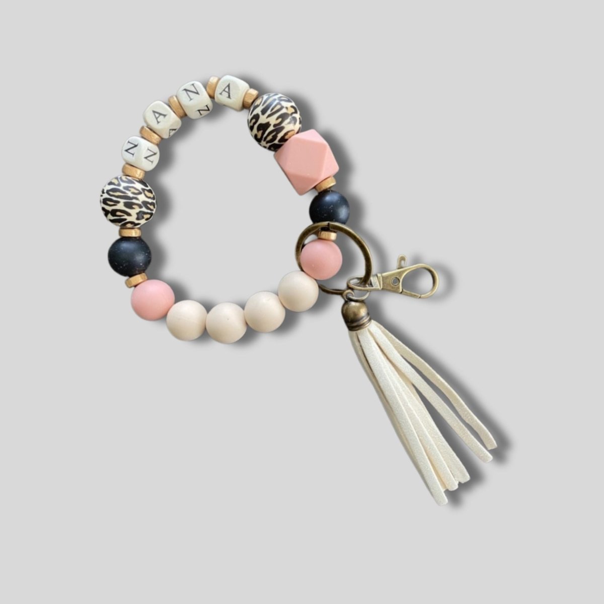 Silicone Beaded Wristlet NANA Keychain. pink, black, animal print silicone beads with block letter beads NANA. - Little Gift Nook