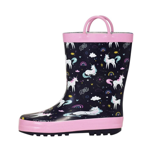 Kids Waterproof Navy Pink Unicorn Rain Boots side view. Handles and lined. - Little Gift Nook