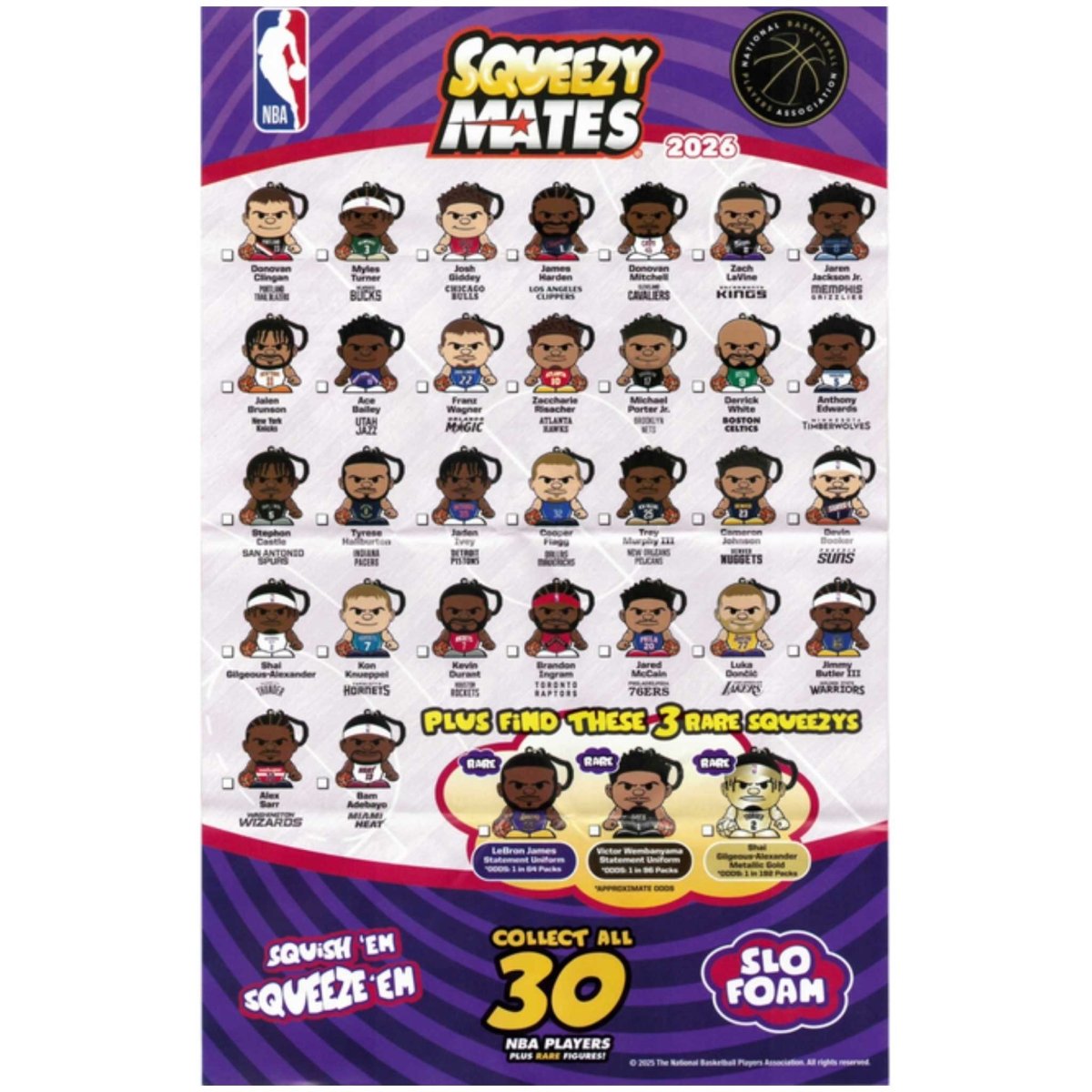 Packaging list for Squeezy Mates 2026 featuring NBA players, with a purple and white design.