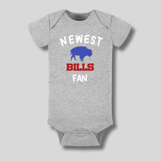 Newest Bills Fan Baby Bodysuit Baby Onesie. Light gray short sleeved baby onesie with white and red lettering and blue buffalo on front on gray background - Little Gift Nook