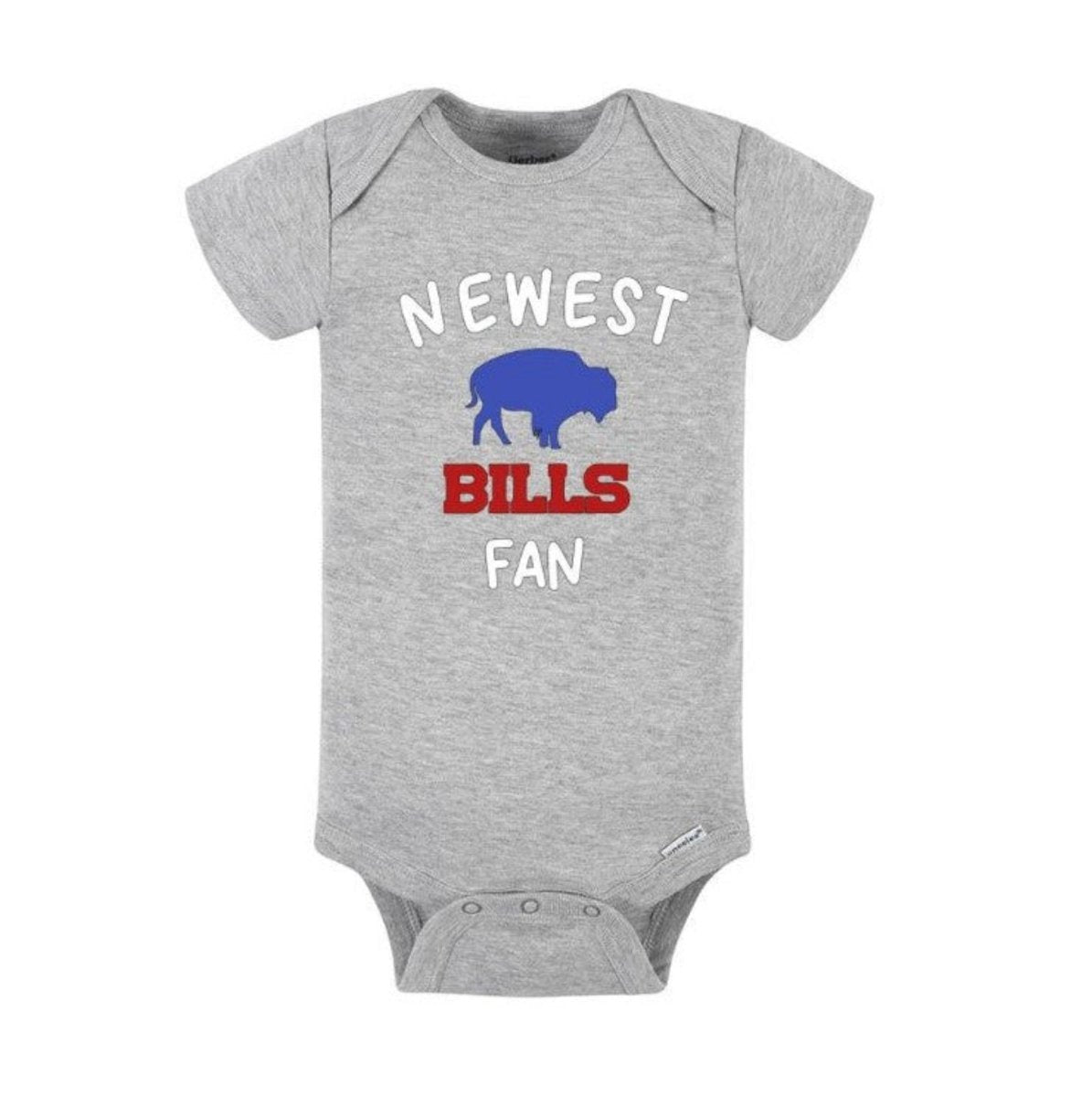 Newest Bills Fan Baby Bodysuit Baby Onesie. Light gray short sleeved baby onesie with white and red lettering and blue buffalo on front. - Little Gift Nook