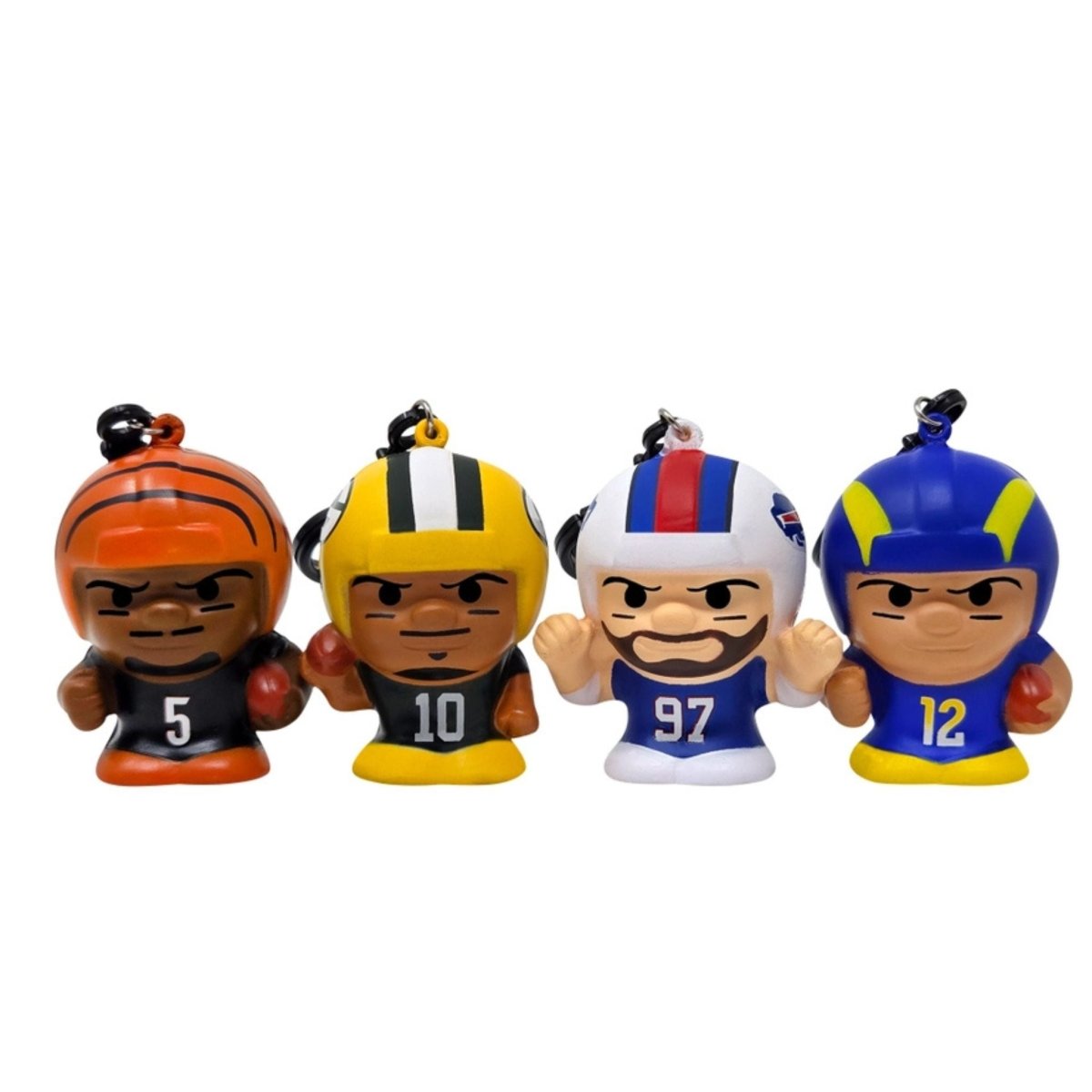 Four potential mystery football player slow rise key-chains from Squeezymates 2026 mystery bags sitting on white background.