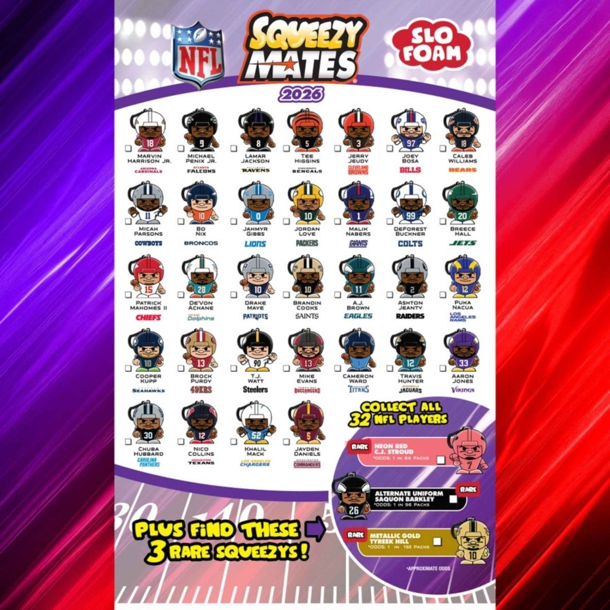 Check off list of potential 2026 NFL Squeezymate collectible slow foam players to find in new mystery bags. List is sitting on a red and purple background.