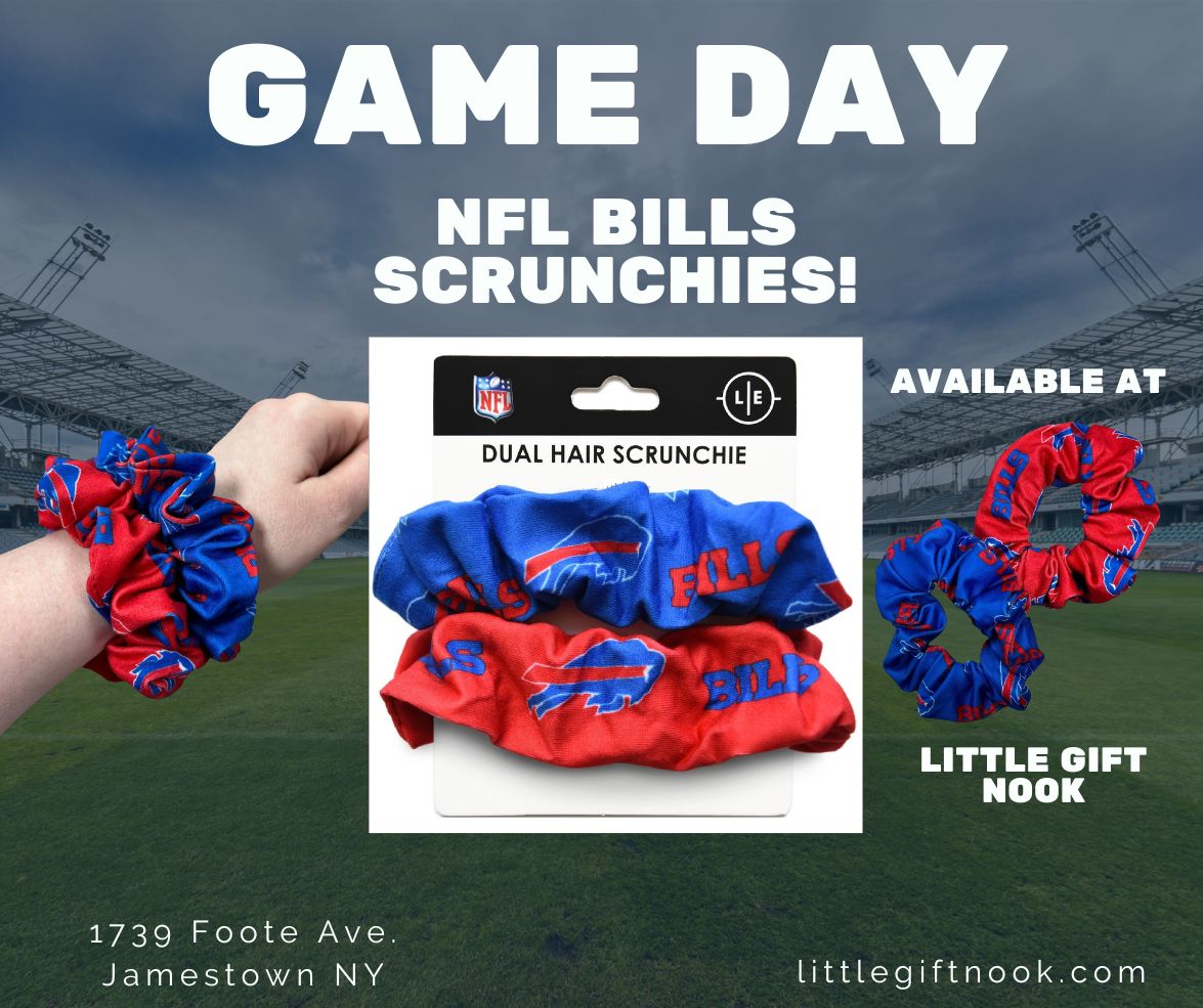 NFL Buffalo Bills 2 pack of hair scrunchies one red one blue on wrist and package on a football field background.