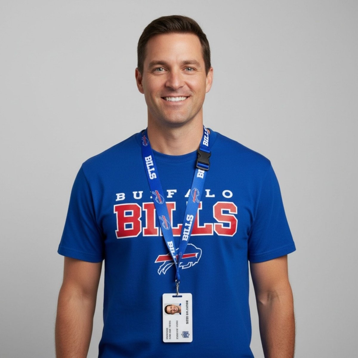 Man wearing NFL Buffalo Bills royal blue logo landyard holding ID. Standing on gray background.