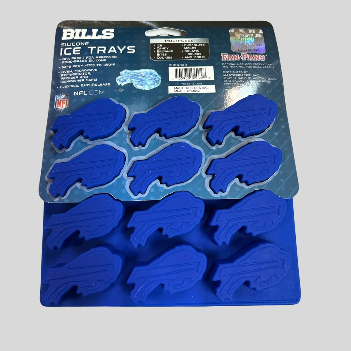 NFL Buffalo Bills royal blue 2 pack ice cube logo mold trays back packaging on gray background. Little Gift Nook