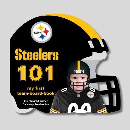 NFL Pittsburgh Steelers 101 baby board book shaped like helmet on gray background. Little Gift Nook