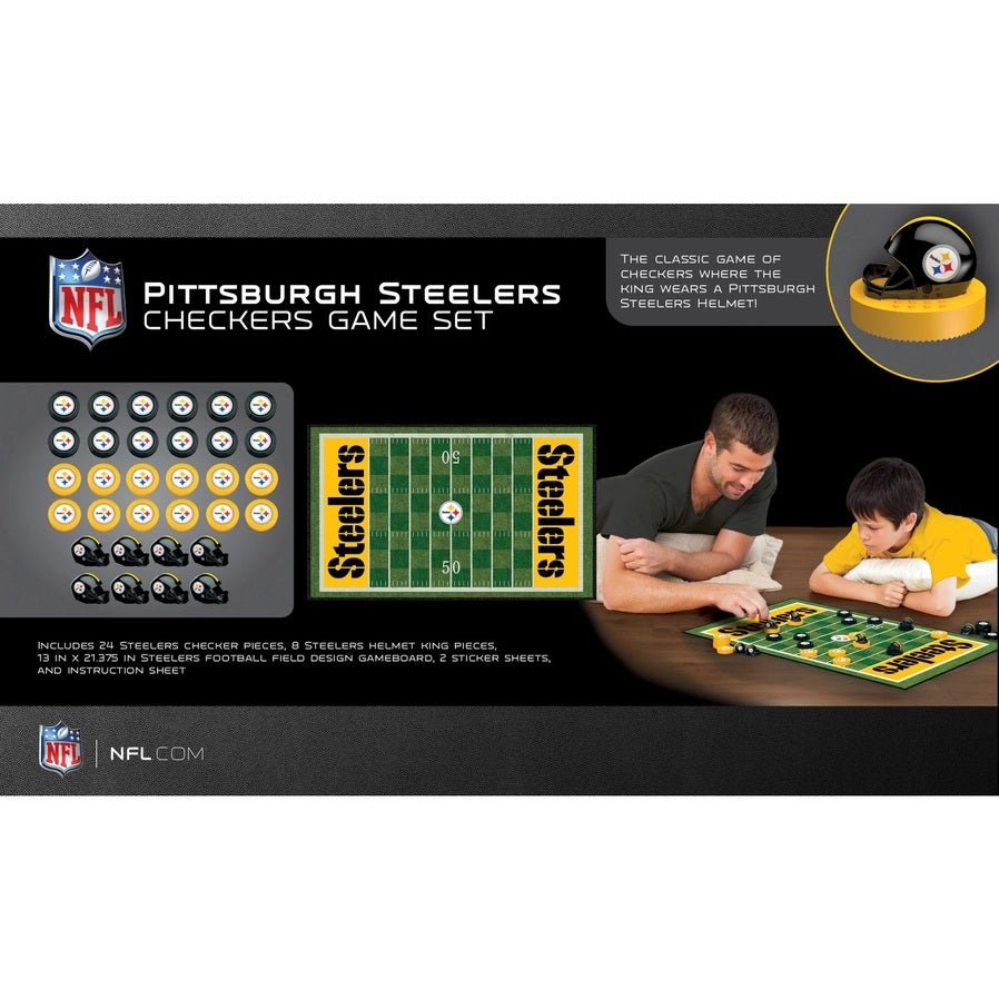 Pittsburgh Steelers Checkers Board Game back of box with pices and features on white background.