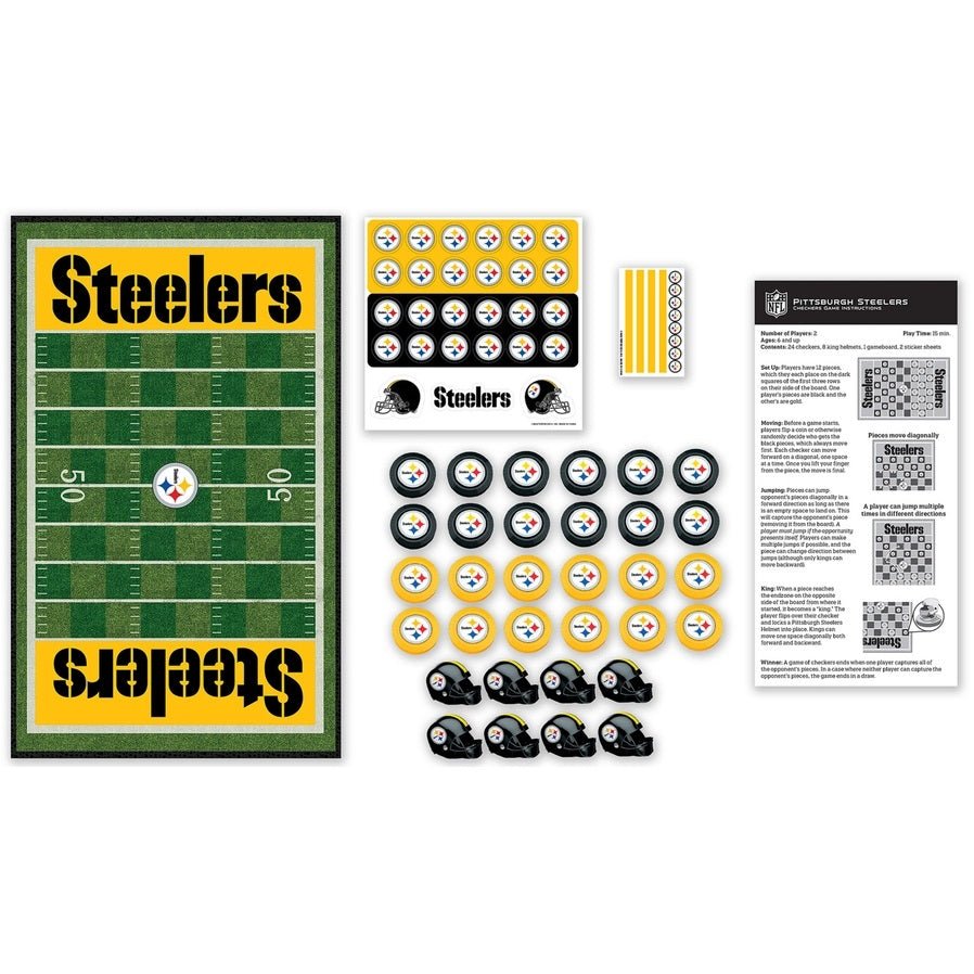 Pittsburgh Steelers Checkers Board Game board, decals, logo pieces, helmets, and instruction sheet.