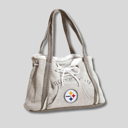 NFL Pittsburgh Steelers gray hoodie style purse with embroidered log on front on gray background. Little Gift Nook