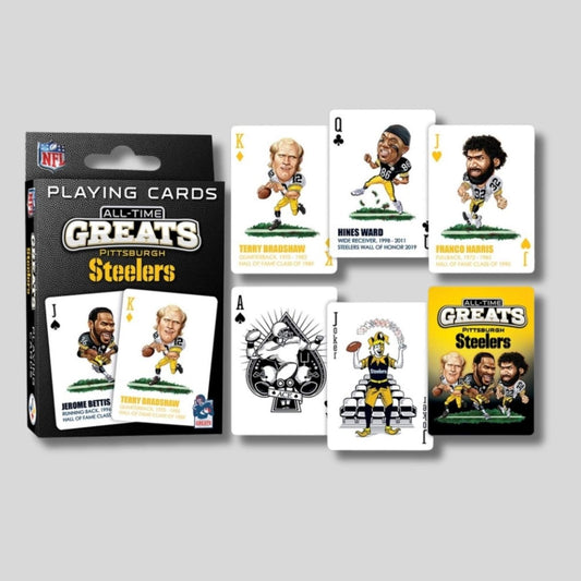 Playing cards featuring Pittsburgh Steelers players all time greats and package on a gray background. Little Gift Nook