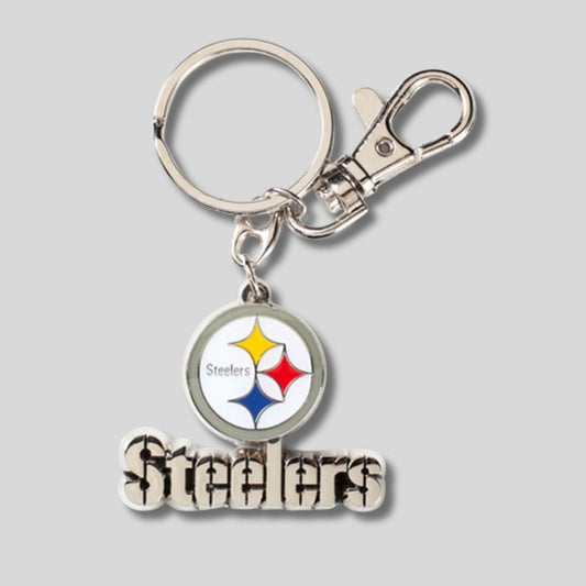 NFL Pittsburgh Steelers metal Keychain with Steelers logo on a gray background. Little Gift Nook