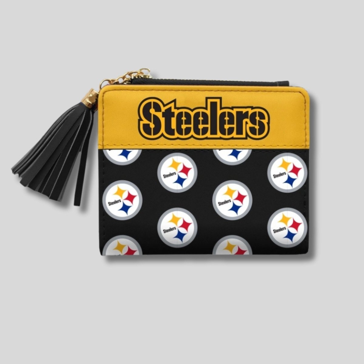 NFL Pittsburgh Steelers mini orgnaizer logo wallet with tassel on gray background. - Little Gift Nook
