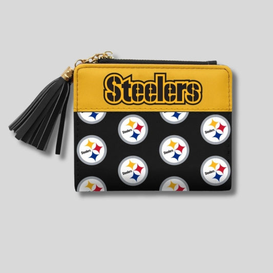 NFL Pittsburgh Steelers mini orgnaizer logo wallet with tassel on gray background. - Little Gift Nook