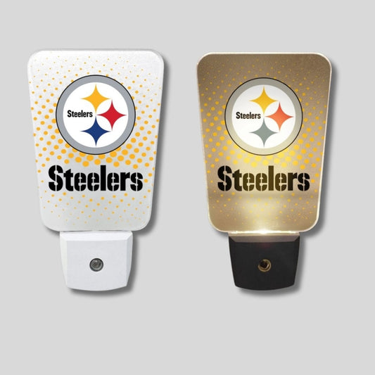 NFL Pittsburgh Steelers-themed night lights on a gray background turned off and turned on. Little Gift Nook