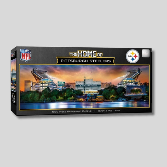 NFL Pittsburgh Steelers 1000 piece Panoramic 3 feet puzzle in box on gray background. Little Gift Nook