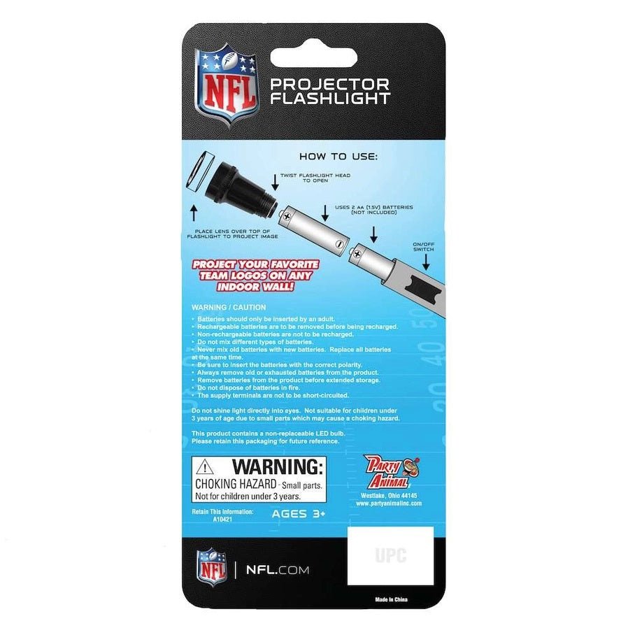 Pittsburgh Steelers Projector Flashlight. Back of box and instructions how to use it. Interchangeable lenses to project different logos. Little Gift Nook.