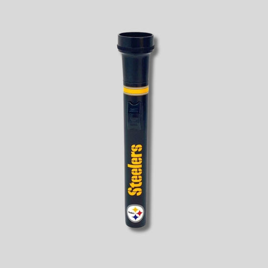 Black flashlight with Steelers logo on a gray background. Little Gift Nook