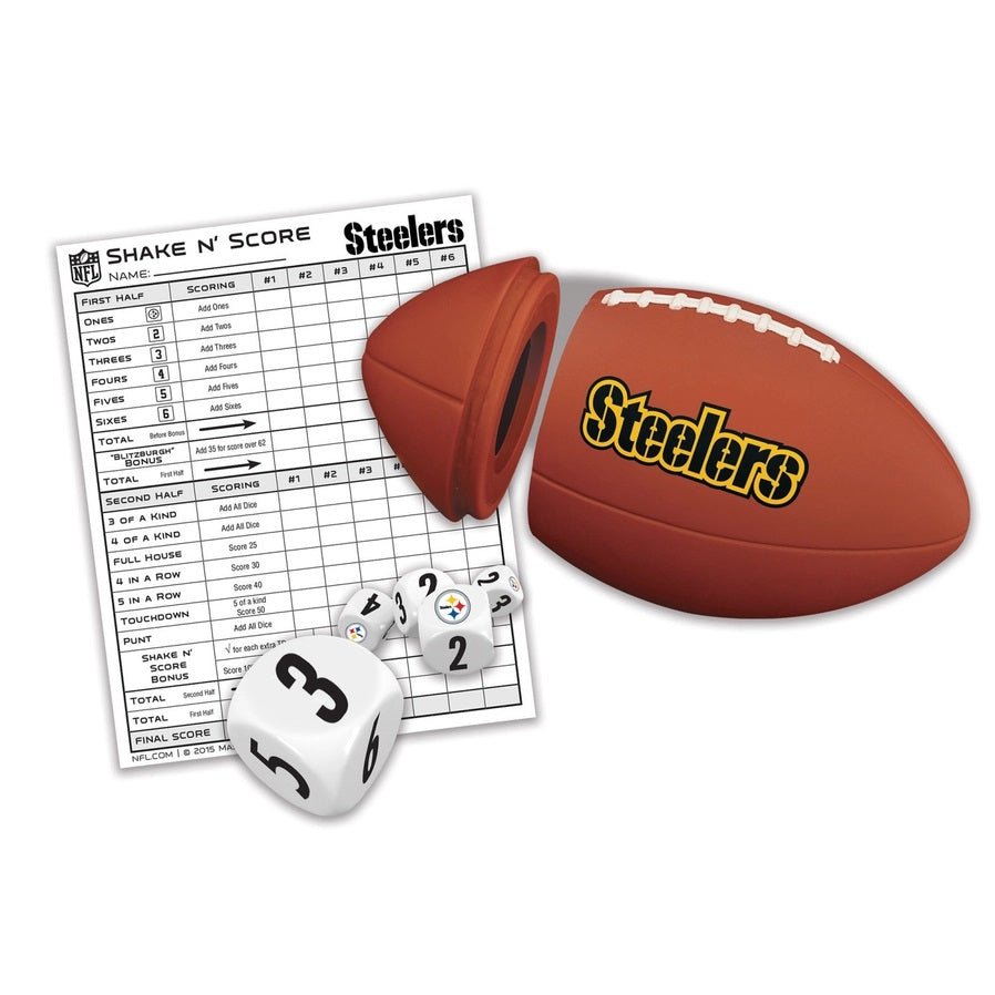 Pittsburgh Steelers Shake N' Score Dice Game with plastic logo football that opens to use as shaker for dice, logo number dice, and score pad.
