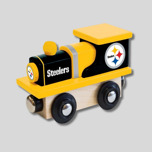 NFL Pittsburgh Steelers Wooden black and yellow train engine with logo and magnetic ends on a gray background. - Little Gift Nook