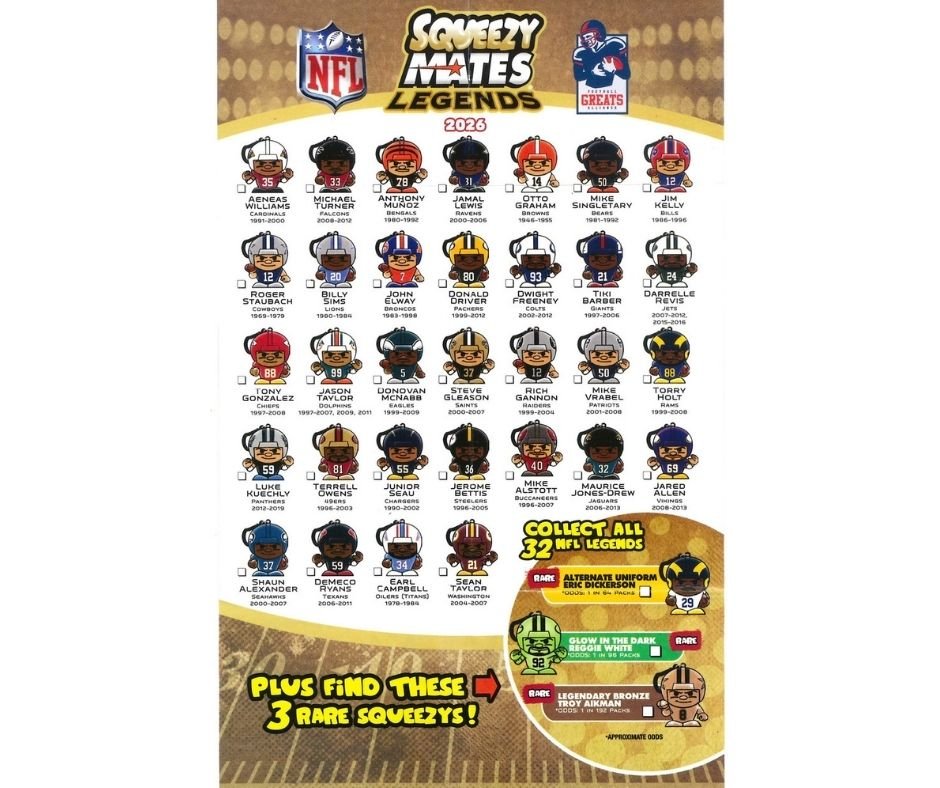 NFL 2026 SqueezyMates legends list of collectible mystery bag players on a white background.