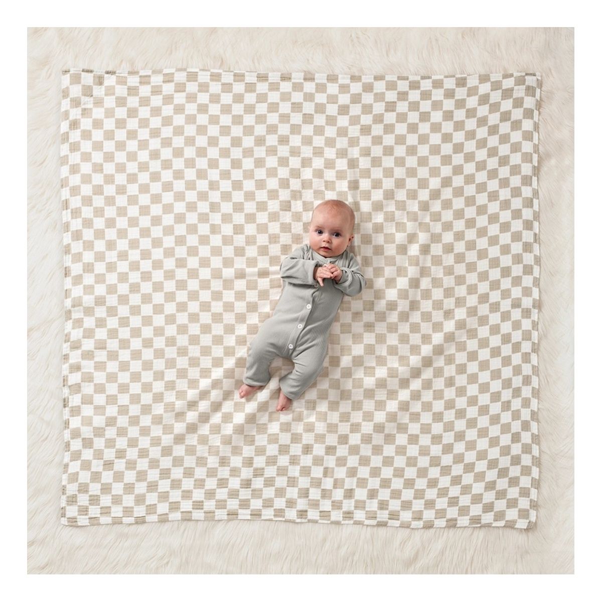Nursing Cover & Swaddle Blanket in Tan & white checkered pattern. Blanket laid out with baby laying on it. - Little Gift Nook