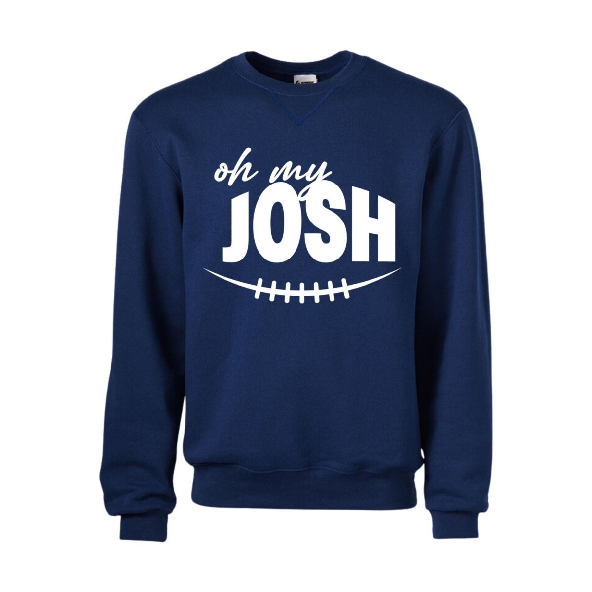 Navy white Oh My Josh football stitch crewneck sweatshirt on a light gray background. Little Gift Nook
