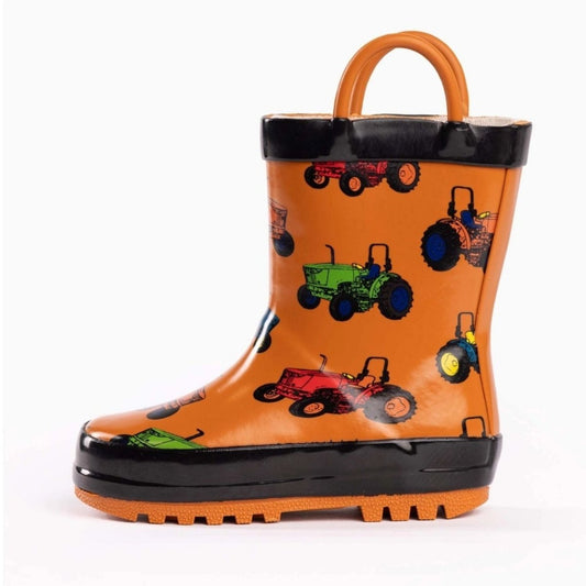 Orange Tractors Waterproof Rain Boots. Side view. Orange with green red yellow tractors. Handles. - Little Gift Nook