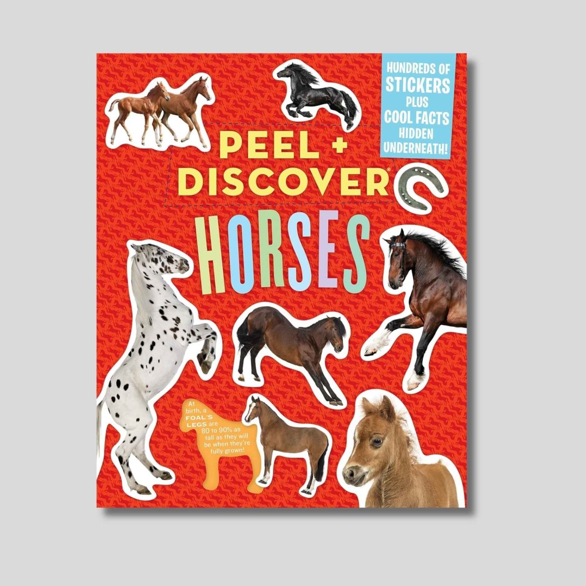 Peel and Discover kids Horses Sticker activity book with red cover on light gray background. Little Gift Nook