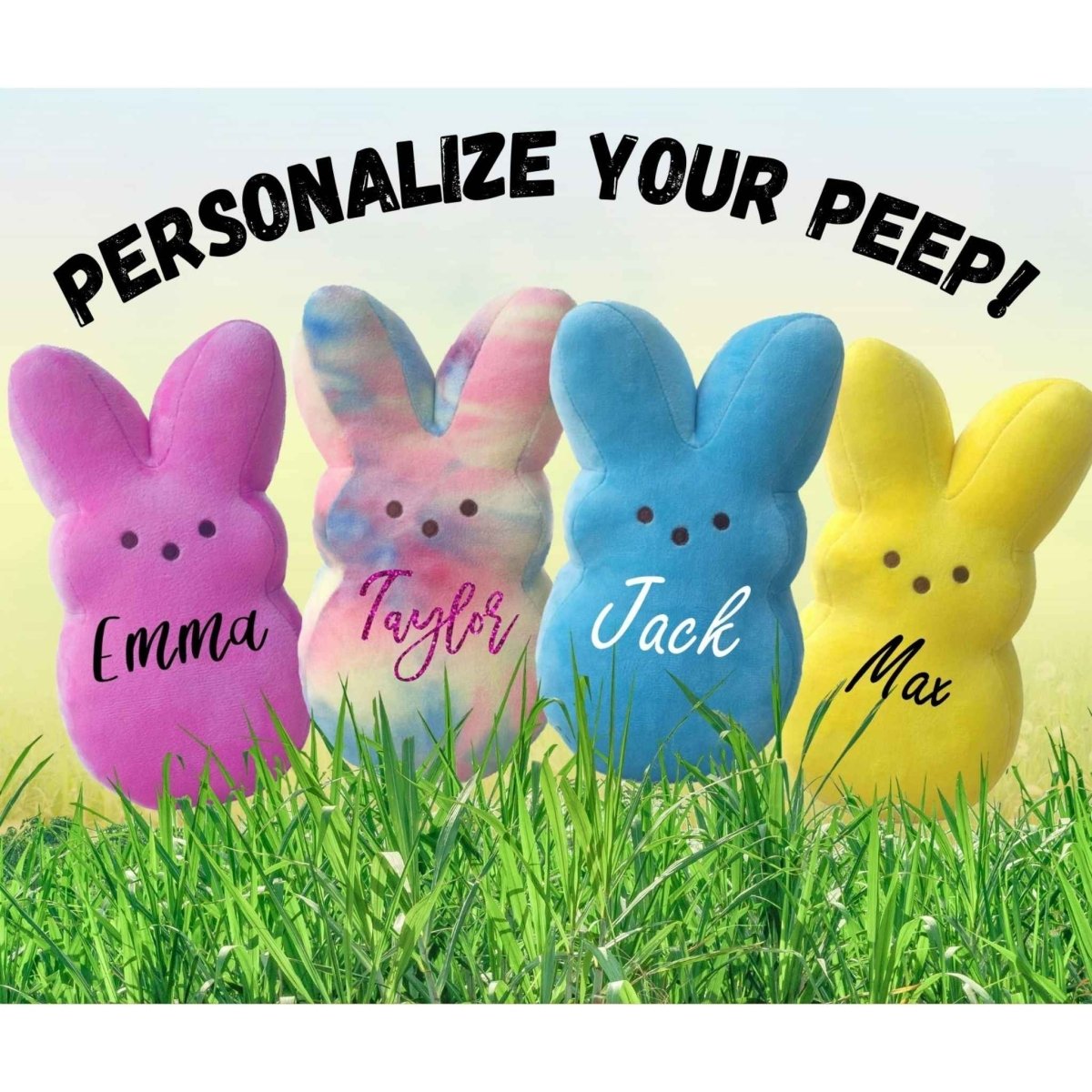 Close up of these Personalize Plush Peep Bunny. Choose from Pink, blue, yellow, or pink & blue tie dye. Measures 10" tall each. Matte or glitter name letters on front. Little Gift Nook.