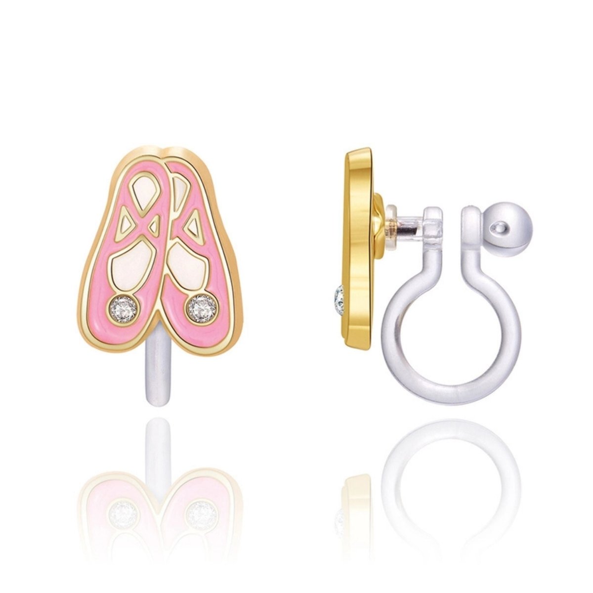 Pink ballet slipper earrings with gold accent Hypoallergenic clip on on a white background. Little Gift Nook
