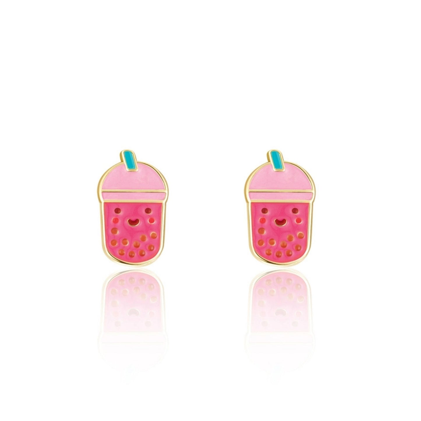Pink with blue straw boba tea enamel stud earrings for kids sitting on white background. Little Gift Nook