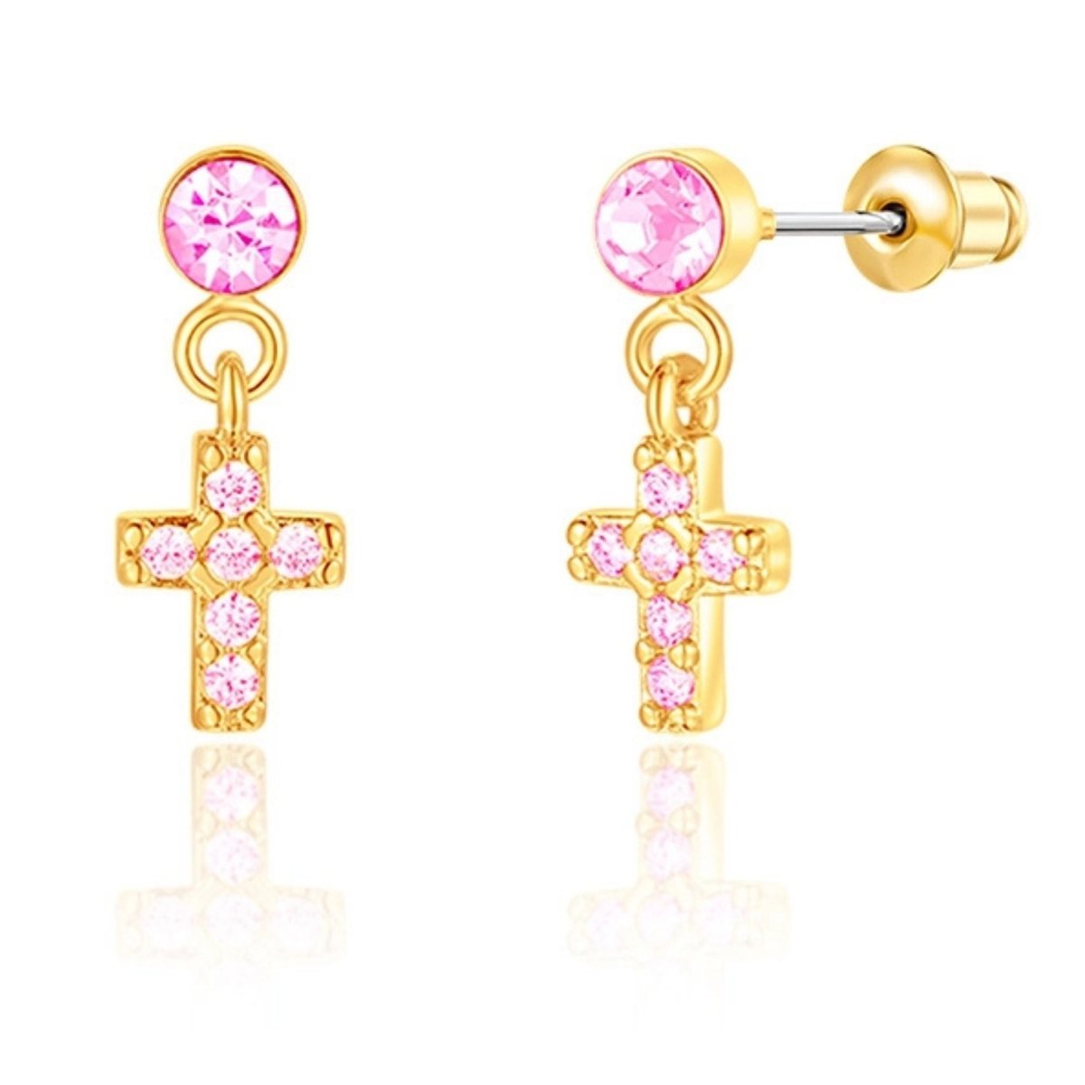 Pink gold cubic zirconia cross dangle pierced earrings sitting on white background. Little Gift Nook