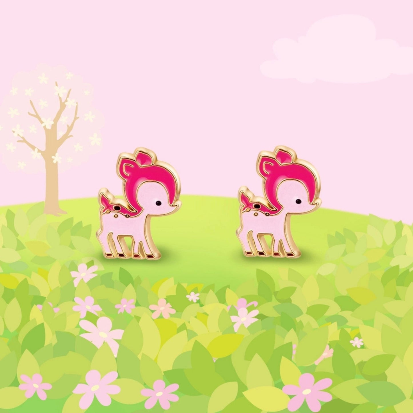 Pink standing deer stud earrings standing on green cartoon background.