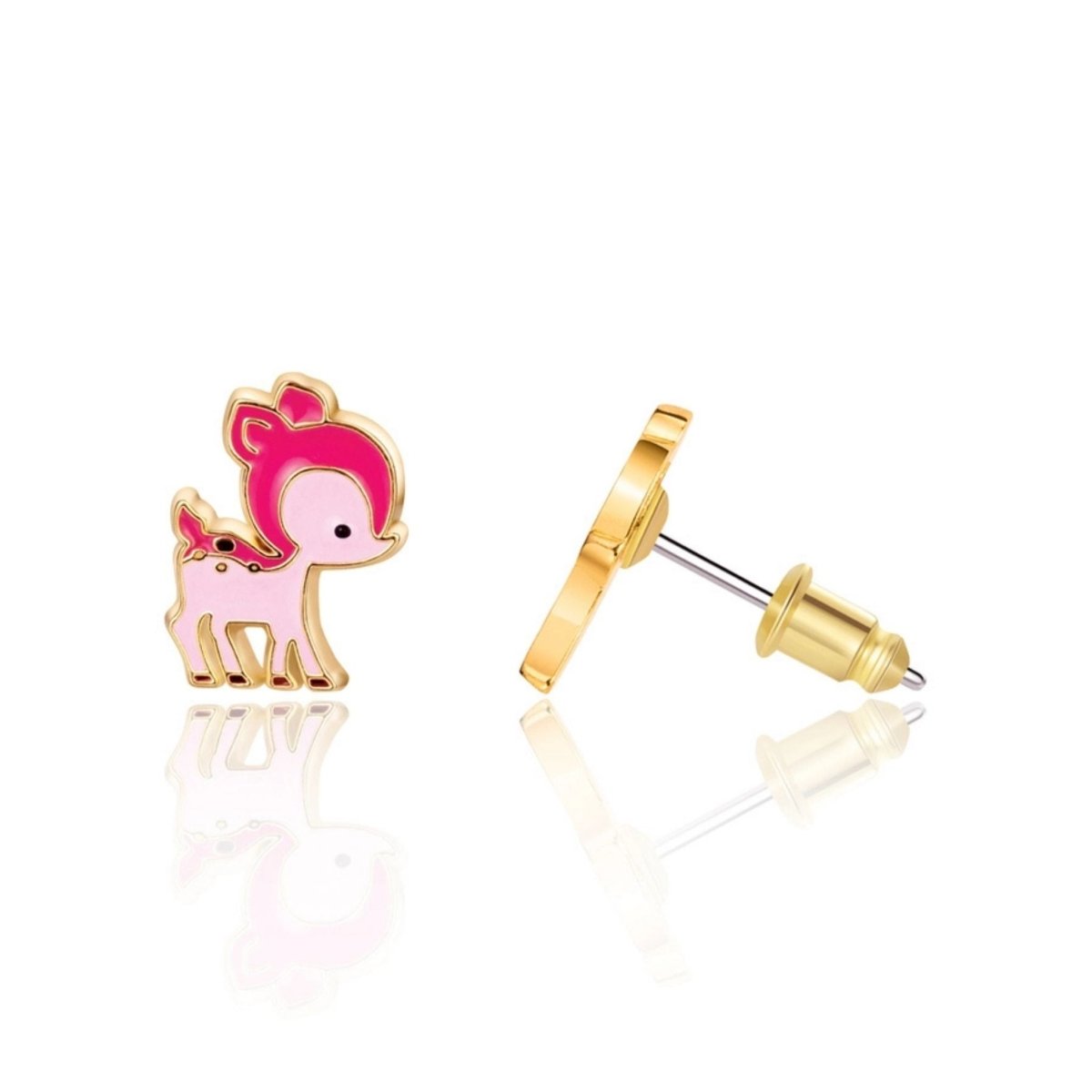 Pink deer with gold color outline stud earrings for kids with surgical steel posts sitting on white background. Little Gift Nook
