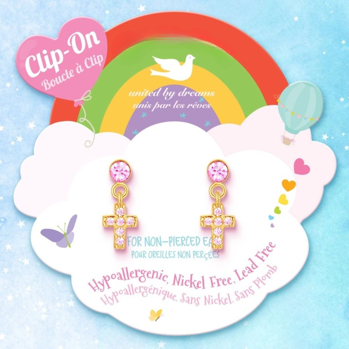 pink gold cross drop clip on earrings on rainbow cloud card package. Little Gift Nook