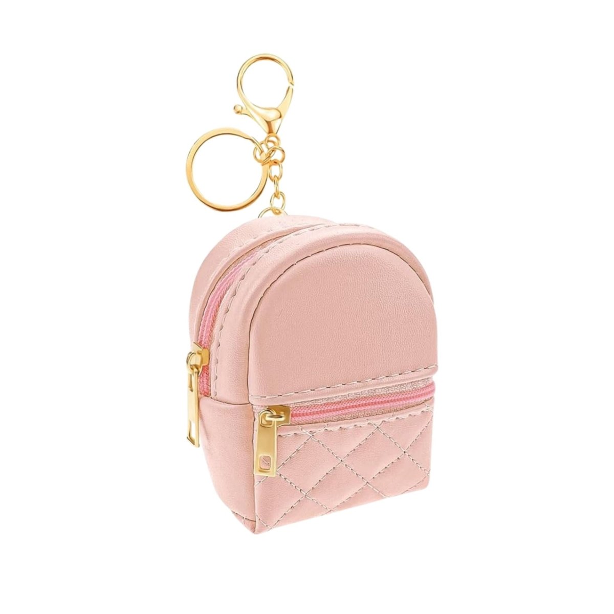 Light Pink Quilted Mini Backpack Coin Purse Keychain. Has 2 pockets that open with gold zippers and gold keyring, chain, and lobster clip. Measures 3.94 inches tall. Little Gift Nook.