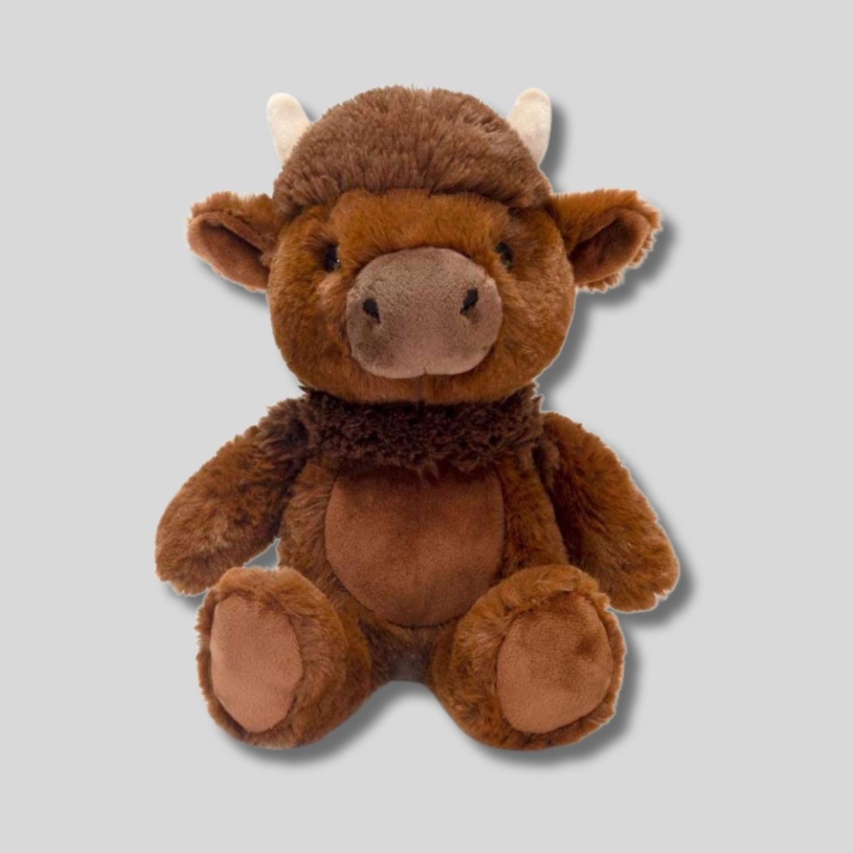 11" brown stuffed plush buffalo sitting on light gray background. Little Gift Nook