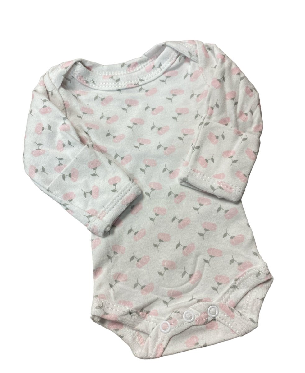 Preemie Baby bodysuit with floral pattern laying flat on a white background. Little Gift Nook