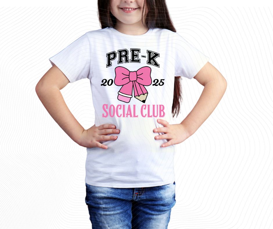 Child wearing a white t-shirt with 'Pre-K 2025 Social Club pink bow ' design on a white background