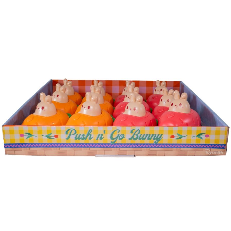 Push N' Go Bunny, Spring, Easter in carrot car! Push bunny's head and watch car go! Comes in orange or pink carrot car! - Little Gift Nook