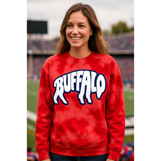 woman wearing Red Game Day Bleached crewneck sweatshirt with blue and white Buffalo letter design on front - Little Gift Nook