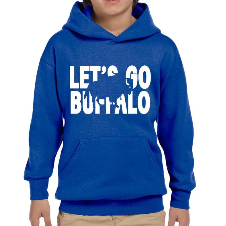 Boy wearing royal blue Let's Go Buffalo text with silhouette cut out buffalo hoodie standing on white background. Little Gift Nook.