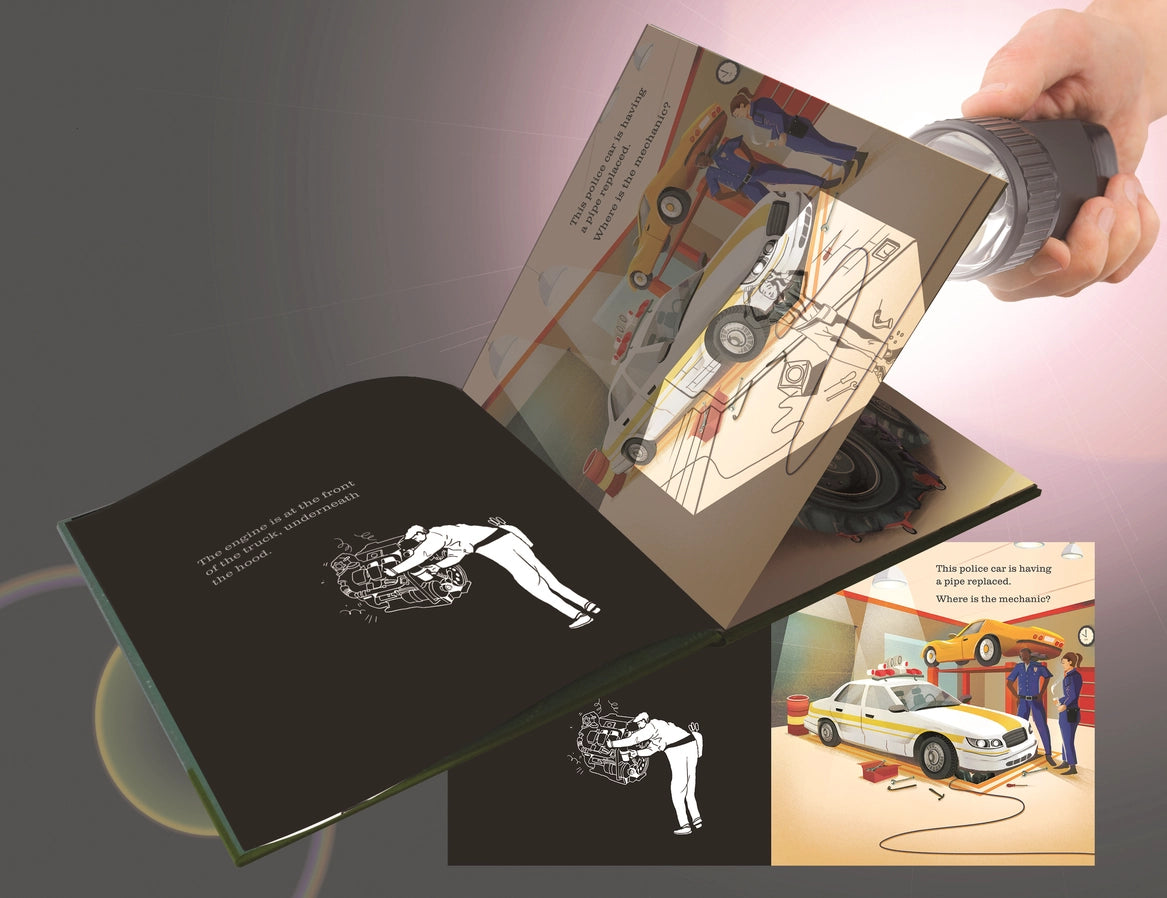 Shine-A-Light: At the Garage Book turn pages of book and shine a flashlight behind pages to reveal secret images - Little Gift Nook
