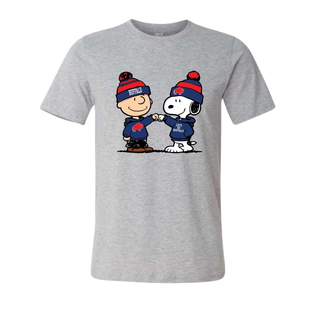 Heather gray adult Charlie Brown Snoopy Buffalo Football Tshirt sitting on white background.