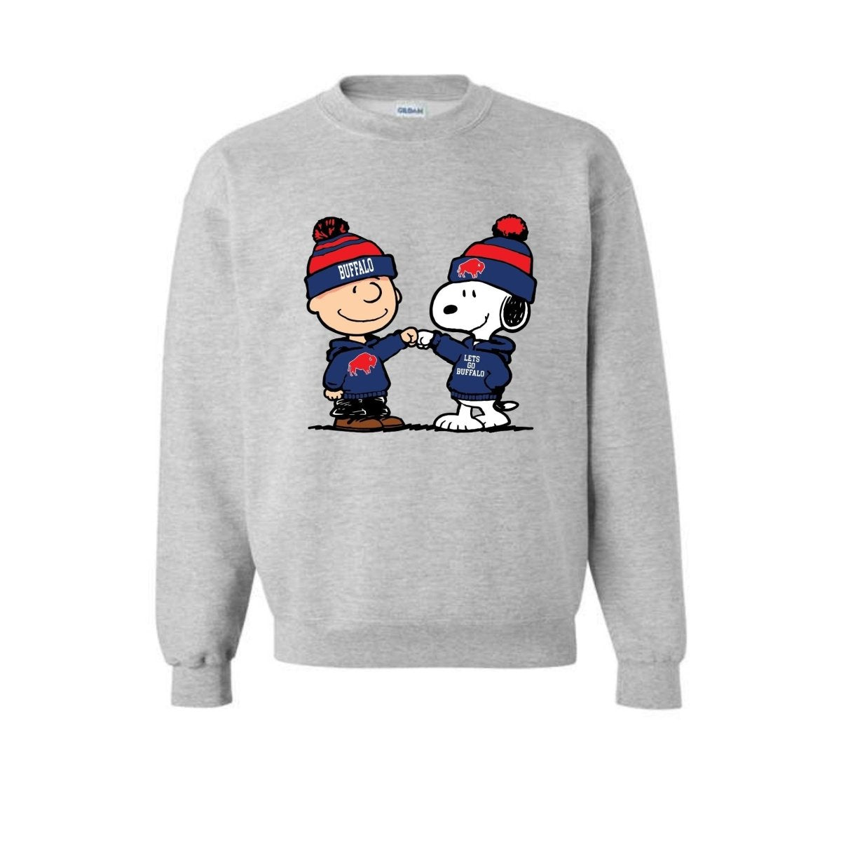 Gray sweatshirt with Charlie Brown and Snoopy in buffalo football hats and shirts giving props on a white background.