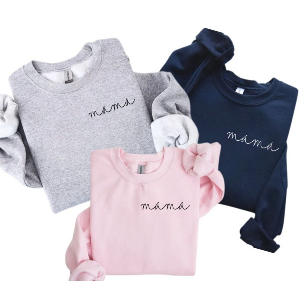 Woman's fleece lined mama crewneck sweatshirts. unisex fit. mama in cursive lettering on top left chest. Available in gray, light pink, or navy. Little Gift Nook.