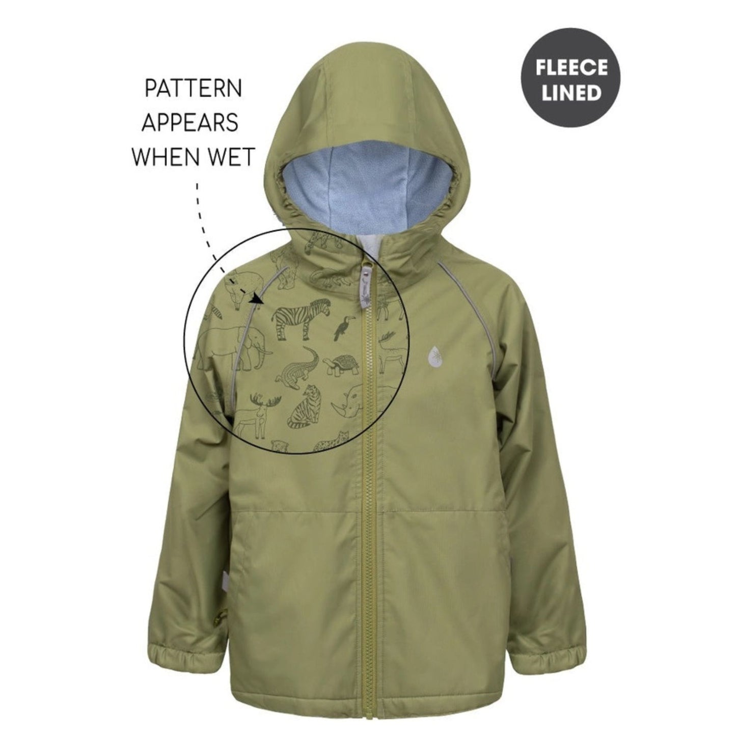Splashmagic Storm Olive Waterproof Rain Jacket Raincoat. Waterproof with fun animal print that appears when wet.- Little Gift Nook