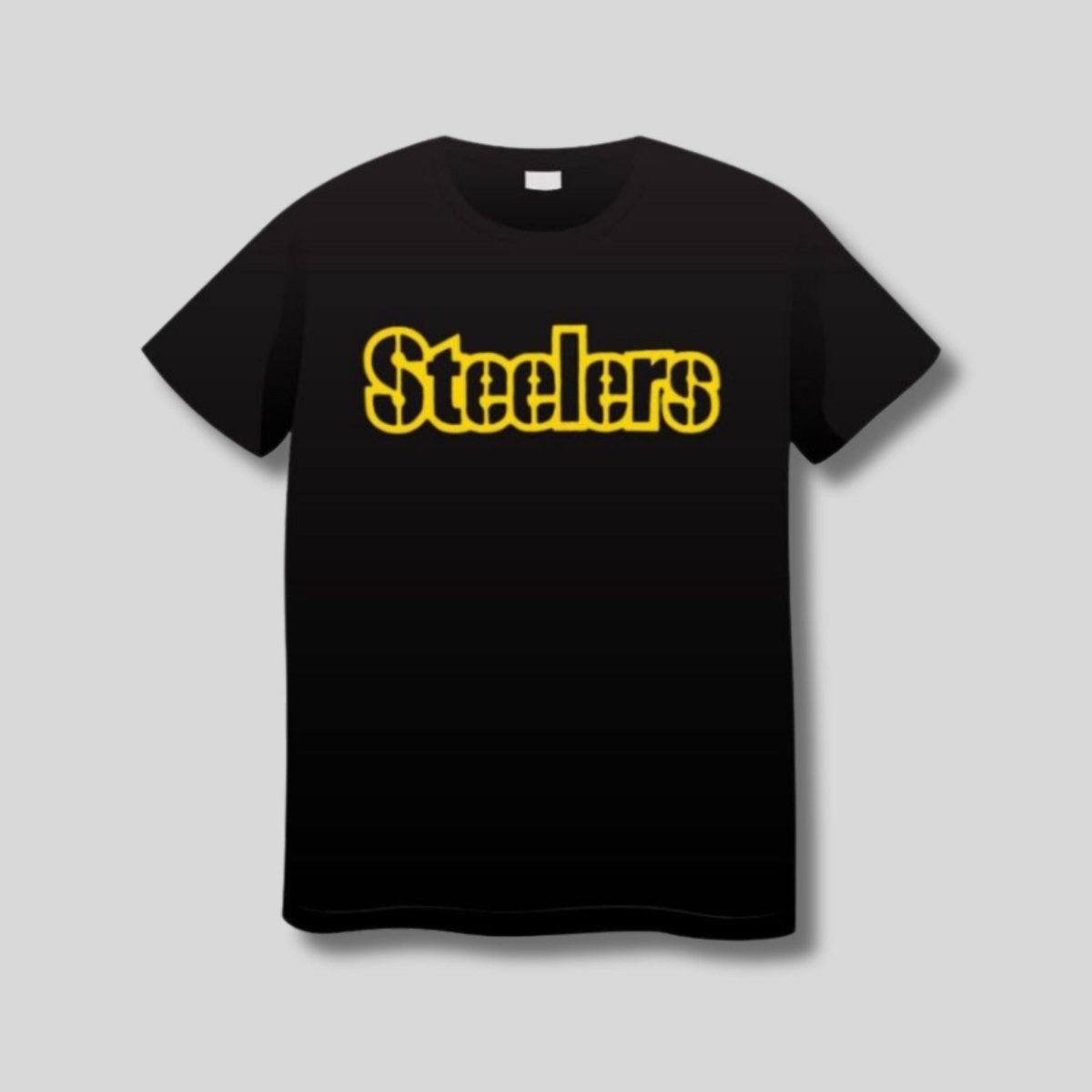 Black t-shirt with 'Stealers' in yellow puffy letters on front of shirt on a light gray background. - Little Gift Nook