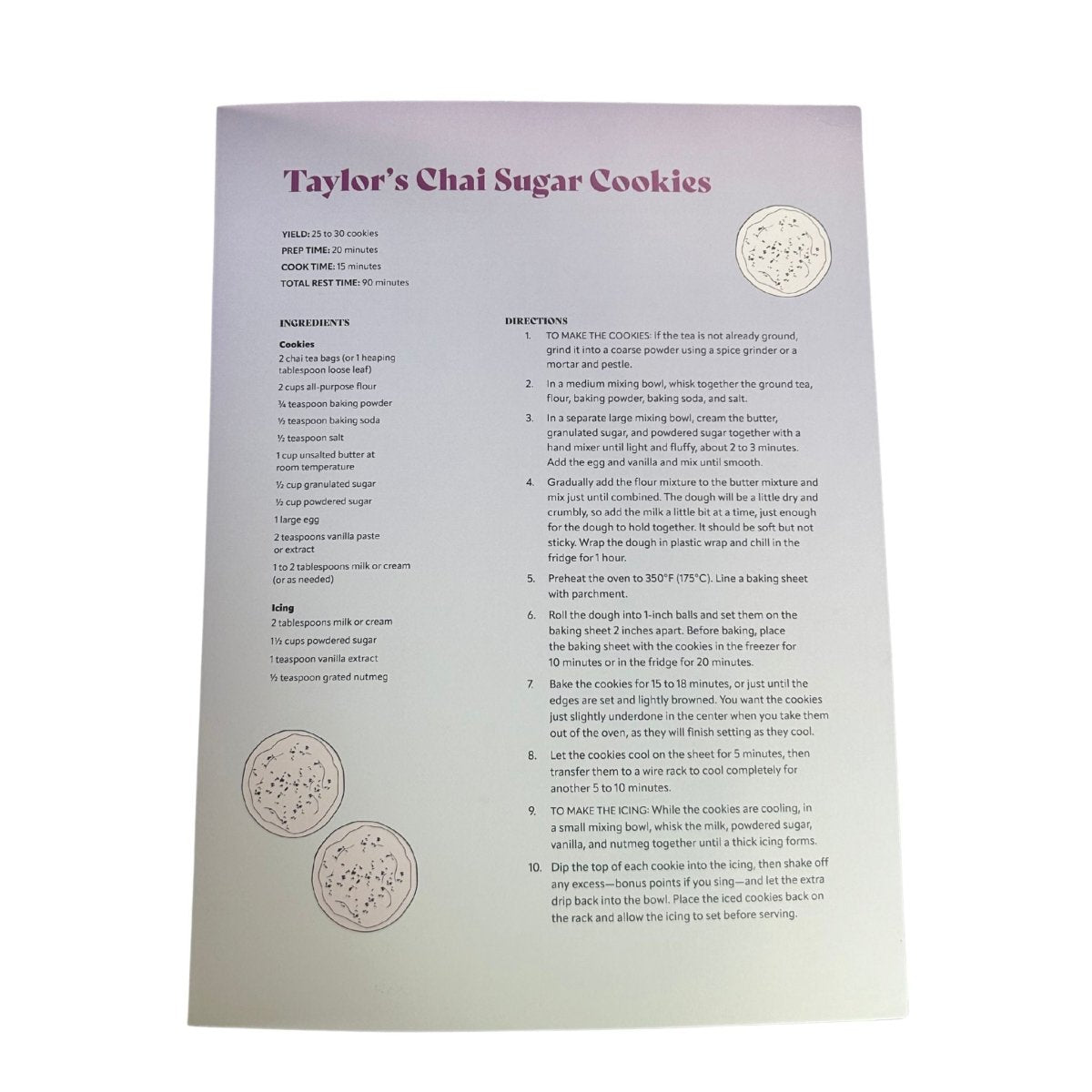 Recipe card for Taylor's Chai Sugar Cookies in back of Taylor Swift Coloring book with text and images on a white background.